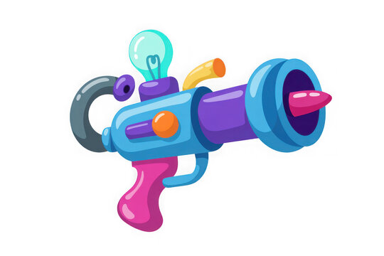 Whimsical cartoon raygun with lightbulb and colorful futuristic design