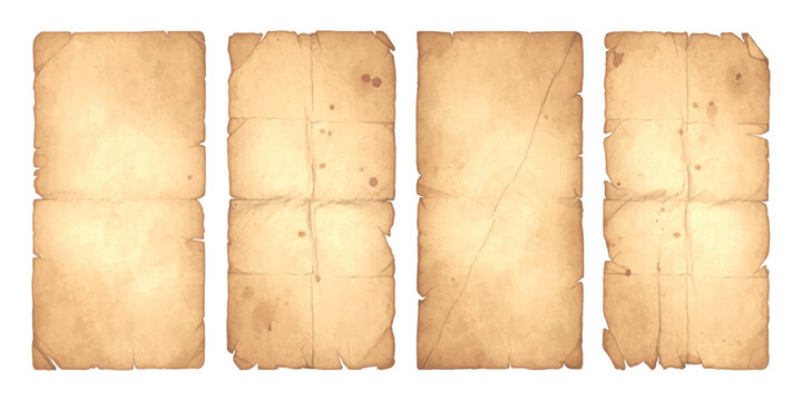 A collection of four vintage textured paper sheets displaying signs of aging and weathered folds