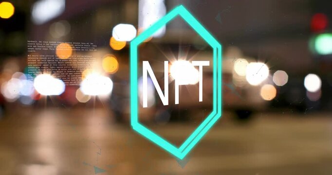 Animation of nft logo over defocussed people and traffic on city street at night