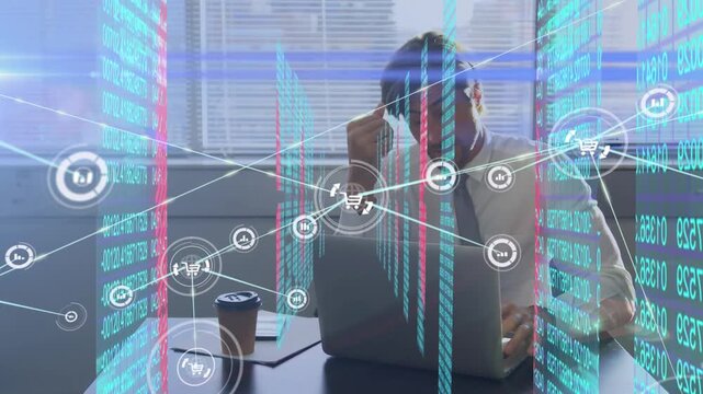 Animation of network of connections with icons businesswoman wearing vr headset