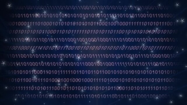 Animation of binary code and dots of light on navy background