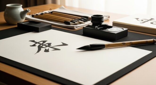 A traditional calligraphy setup with a brush, inkstone, and paper featuring Chinese characters. The scene is set on a wooden desk with a serene and artistic atmosphere.