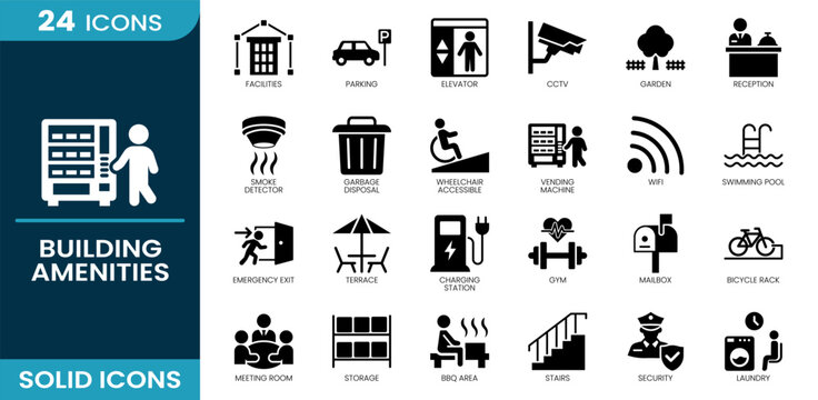 Building amenities icon set. Facilities, building amenities, elevator, parking, CCTV, wifi, reception, gym, swimming pool, emergency exit, security, charging station, mailbox, Solid vector icons