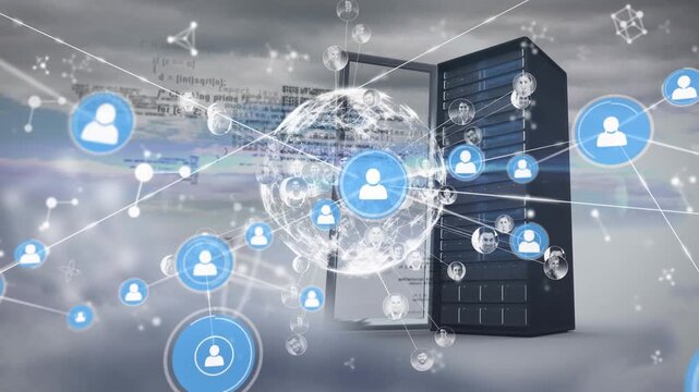 Animation of network of profile icons and spinning globe over computer server against clouds in sky