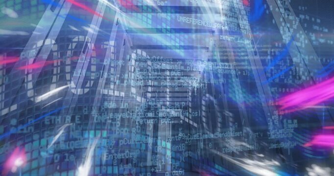 Animation of data processing over grid and womans blue shape