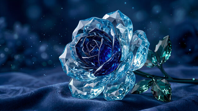Crystal blue rose on velvet fabric with a soft bokeh background: gem-textured flower, delicate glass rose, romantic floral wallpaper