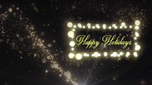 Animation of happy holidays text over snow falling at christmas