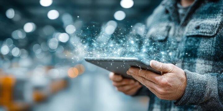 Man using tablet with glowing digital network connections in industrial environment representing smart technology