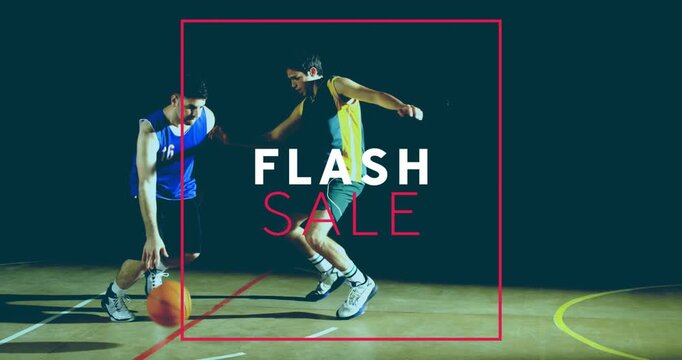Animation of flash sale text over diverse basketball players on black background