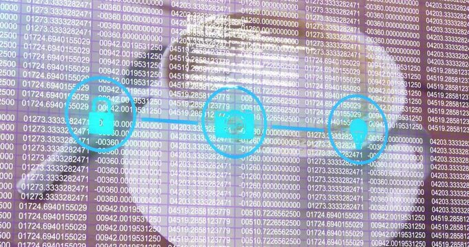 Animation of looping numbers and application icons over close up of coffee cup with froth on table