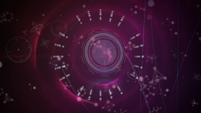 Animation of abstract shapes in seamless pattern over ticking clock and molecular structures