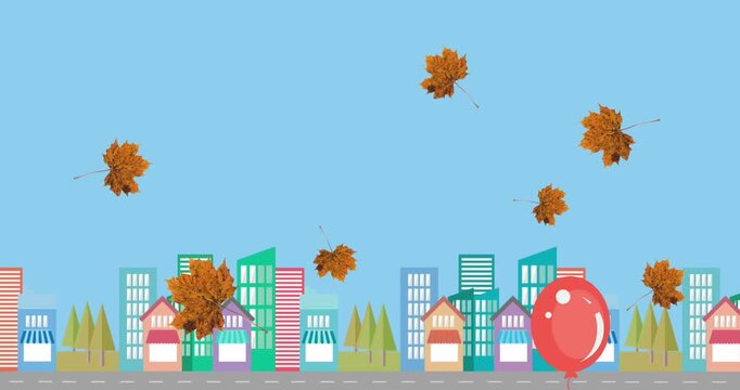 Animation of fall leaves over cityscape on blue background