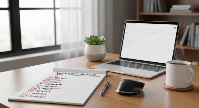 A tidy workspace with a laptop, weekly goals list, coffee cup, and succulent plant. The setting is a modern office desk with a window in the background. 