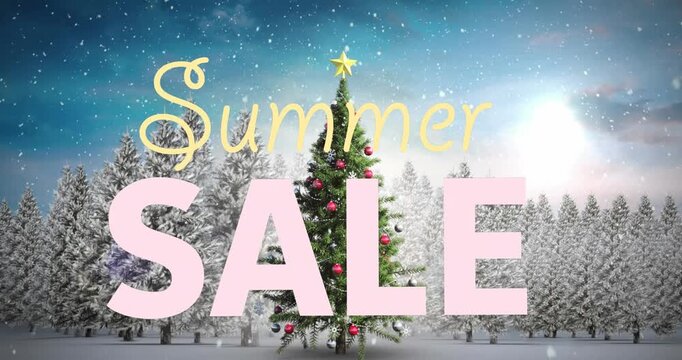 Animation of summer sale text over christmas tree and winter landscape