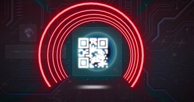 Animation of qr code in circular tunnel, globe, circuit board pattern against abstract background