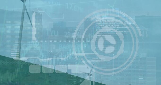 Animation of graph, radar, loading bar, windmills on hill against sky over buildings