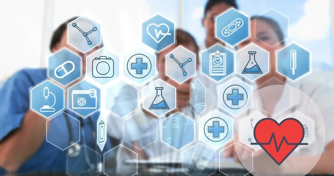Animation of medical icons over diverse doctors talking