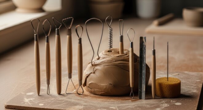 A collection of pottery tools arranged around a clay sculpture on a wooden surface. The tools include various sculpting instruments and a clay block