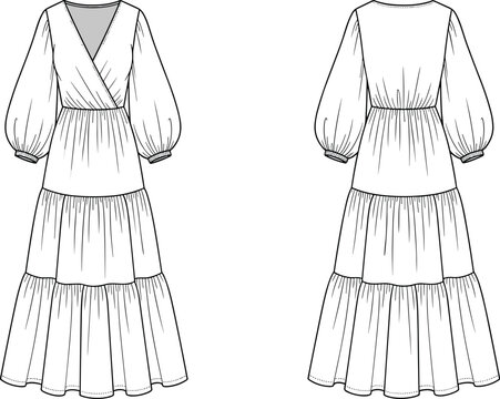 Fashion Design Illustration: Elegant Women's Tiered Maxi Dress with Wrap Bodice and Bishop Sleeves - Ideal for Fashion Design Templates and Textile Mockups
