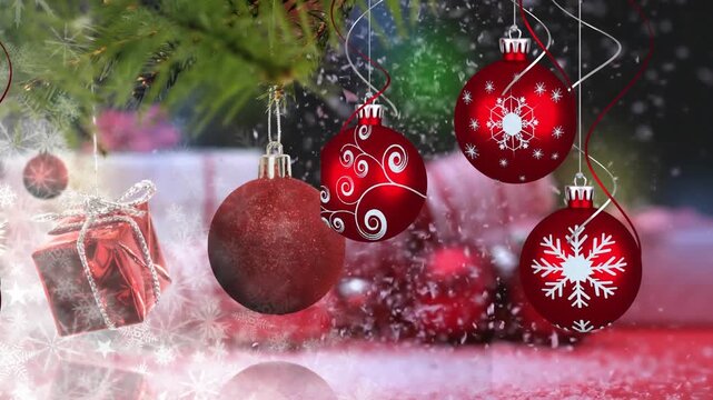 Animation of molecules spinning over snow falling and bokeh