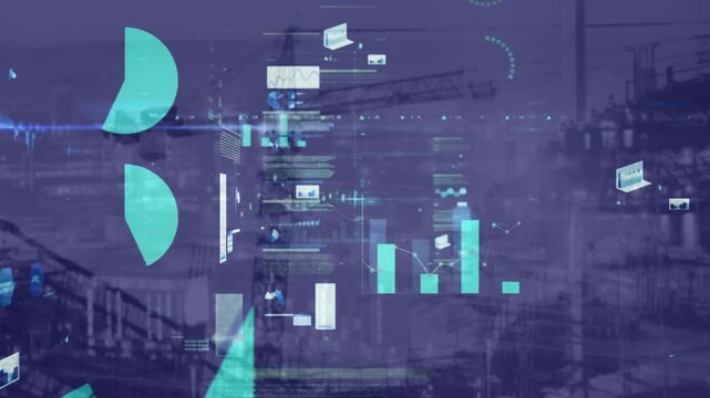 Animation of screens with data processing against construction site