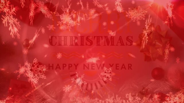 Animation of snowflakes over christmas and happy new year text banner against red background