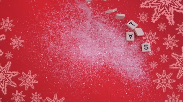 Animation of snowflake icons over merry christmas text banner against red background