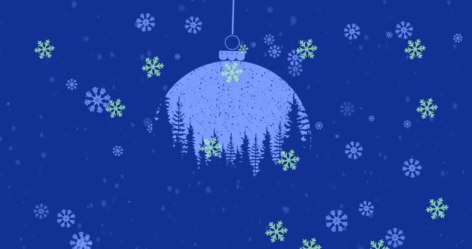 Animation of snowflakes icons falling over hanging bauble decoration against blue background