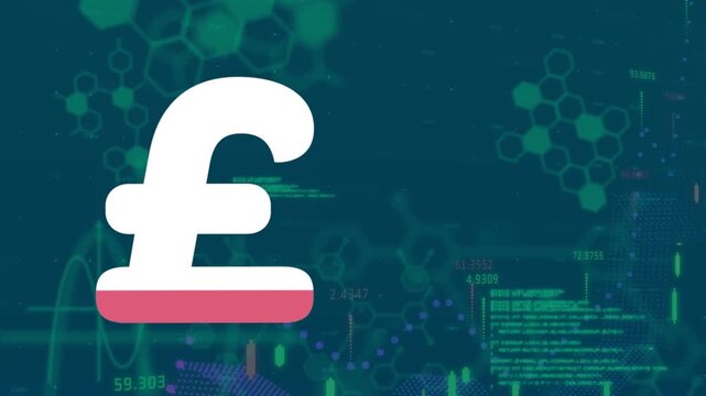 Animation of pound symbol filing up against financial and medical data processing on blue background