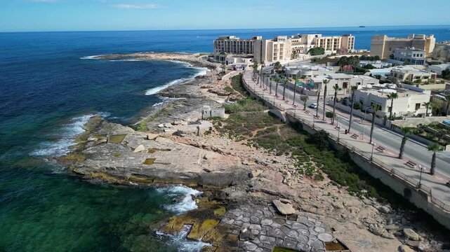 Marsaskala seafront, Malta, coastal road and promenade, Mediterranean seaside town