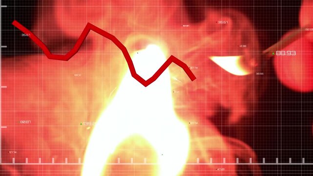 Animation of financial data processing and statistics with red lines over flame