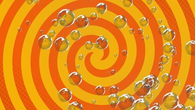 Animation of water bubbles over looping hypnotic spiral pattern