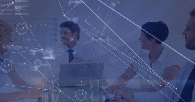 Animation of connected dots and graphs, binary codes, building, diverse coworkers sharing ideas