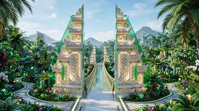 Futuristic Balinese Candi Bentar Gate in a Solarpunk Eco-Garden