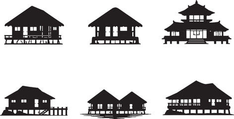 Fototapeta premium Tropical Island Houses Silhouette Set Bamboo Beach Hut Balinese Villa Bungalow Jungle Lodge Vector
