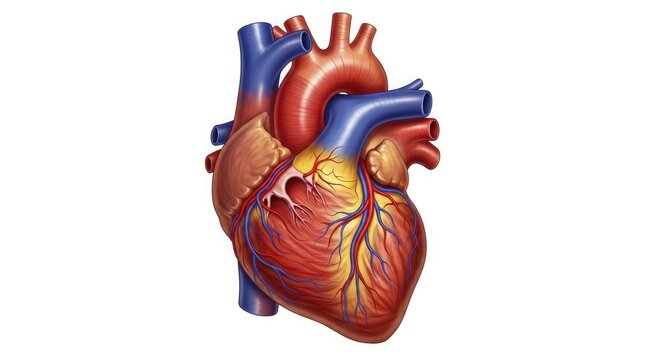 Detailed anatomical illustration of a human heart with vessels