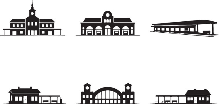 Train station silhouettes bundle, railway station architecture icons set, transit terminal buildings black silhouette collection