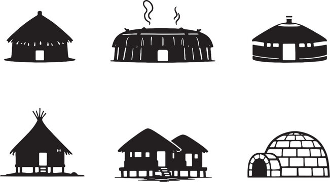 Tribal Indigenous Houses Silhouette Set African Hut Longhouse Yurt Igloo Amazon Pacific Architecture Vector
