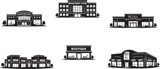 Fototapeta premium Shopping Buildings Silhouette Set, Mall, Department Store, Retail Plaza, Commercial Architecture Vector Collection