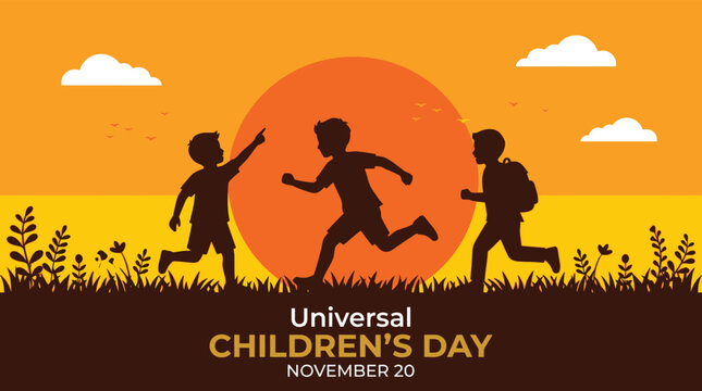 Turkish National Sovereignty and Childrens Day Illustration with Silhouettes of Kids Playing and Profile of Mustafa Kemal Ataturk