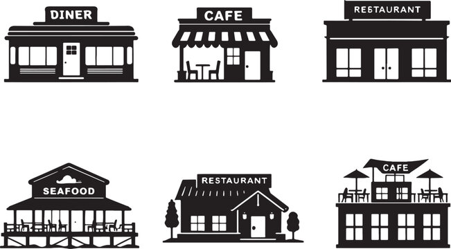 Restaurant and cafe building silhouettes set diner cafe rooftop seafood restaurant black silhouette isolated on white