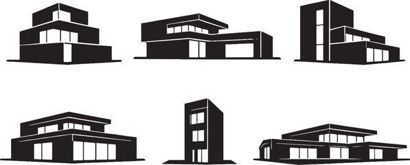 Fototapeta premium Modern minimalist house silhouette bundle, black architectural house icons set, modern villa townhouse building silhouettes isolated on white