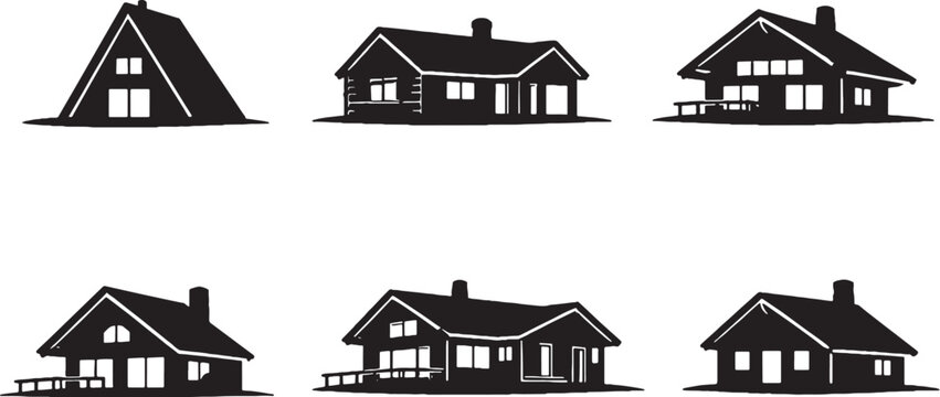 Mountain cabin silhouette bundle, alpine cabin house silhouettes set, log cabin chalet hut icons, rustic forest houses isolated on white