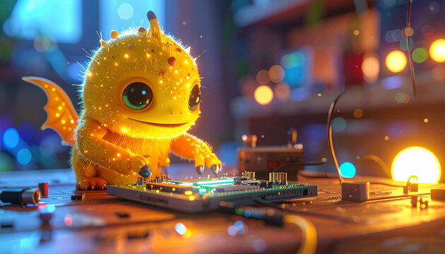 A cute yellow creature repairing electronics on a wooden desk with realistic lighting.