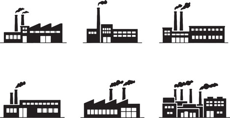 Obraz premium Factory building silhouettes bundle, industrial architecture icons set, manufacturing plant warehouse facilities black silhouette collection
