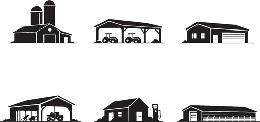Farm building silhouettes bundle, agriculture utility architecture icons set, grain silo tractor shed farm facilities black silhouette collection © chien