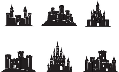 Castle Buildings Silhouette Set Medieval Fortress Royal Castle Fantasy Towers Historic Architecture Black Silhouette Collection © chien