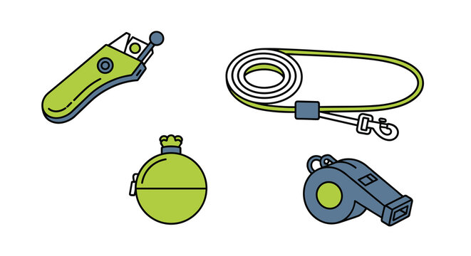 A set of dog training equipment including a whistle poop bag holder leash and nail clipper, Generative AI.