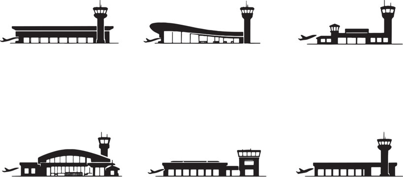 Airport building silhouettes bundle, airport terminal architecture icons set, departure hall control tower aviation buildings black silhouette collection
