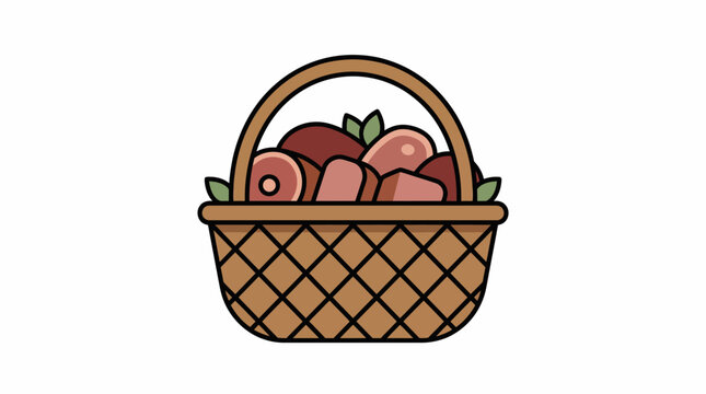 A woven basket brimming with a variety of delicious cuts of raw meat, perfect for culinary adventures and grocery shopping